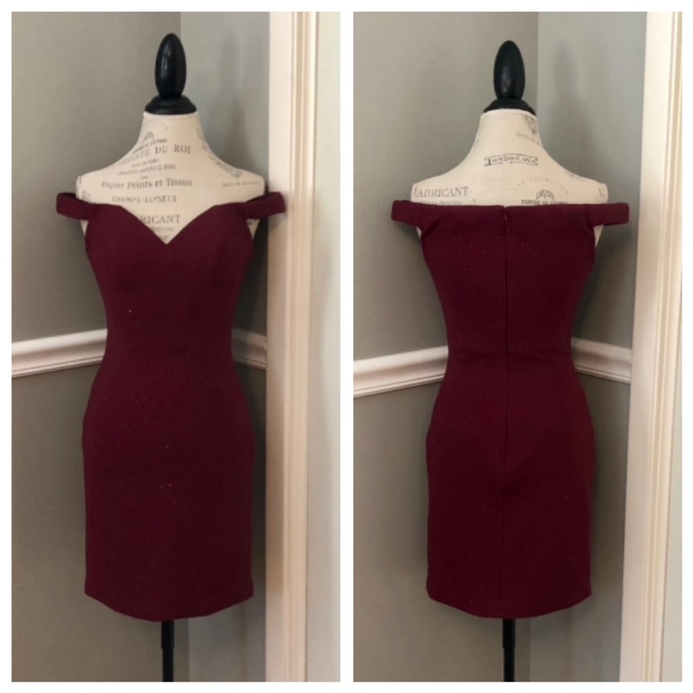 NEW JOVANI BURGUNDY SZ 6 OFF SHOULDER SHIMMER COCKTAIL DRESS